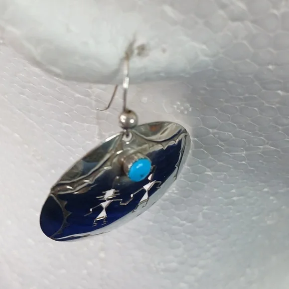 Native American Hook Earrings Sterling Silver Cut Out Figures and Turquoise - Picture 10 of 12